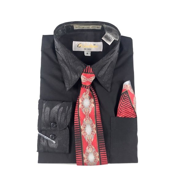 Gian Mario Boys Black Dress Shirt Red Black Gold Tie Hanky Set Size 6 - Picture 3 of 3